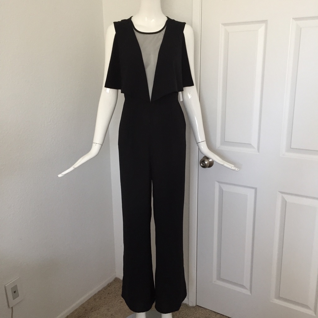 Mystic Mesh Insert Rufflewide Leg Deep V Jumpsuit